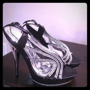 Black and rhinestone stiletto heels